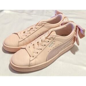 Puma Womens Basket Bow Trainers Pearl Pink Leather Size 7 Satin Bow And Trim EUC